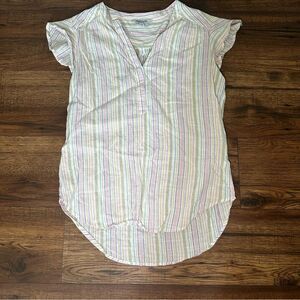 New Direction Multicolor Striped Ruffle Sleeve V-Neck Button Up Blouse Large